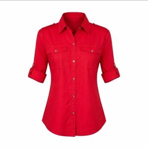 Chaps Red 100% Linen Butt on Front Utility Shirt tab Sleeves Preppy Coastal Sz L